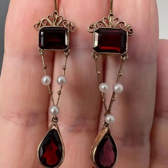 💛 NEW Antique Style Elegant Gold and Amber & Pearl Dangle Earrings 💛 - Picture 5 of 5